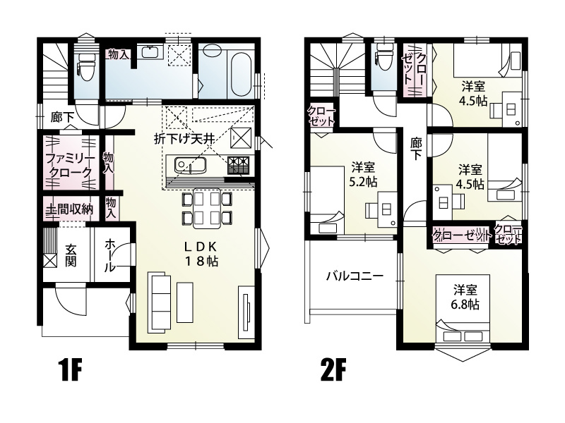 久喜市西（全28区画）16号棟　間取図　キッチンやリビングの小物が片付く収納スペース、土間収納・ファミリークロークなど暮らしにゆとりを生む適材適所の収納力です。