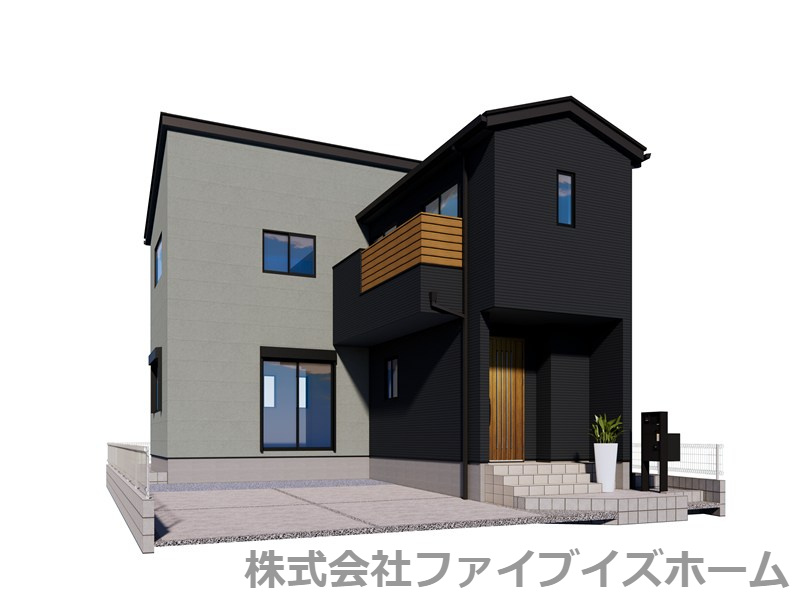 久喜市古久喜（全2区画）1号棟　外観完成イメージ　モノトーンを基調とし洗練された上品な外観になっております。バルコニーは幅広格子を横に配置。木調が高級感と自然な格調を感じさせます。