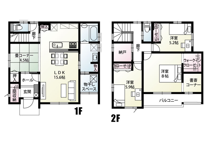 行田市桜町2丁目７区画　５号棟　間取り　３LDK。15.6帖のLDKと4.5帖の畳コーナーの間に壁がないので、20.1帖の広い空間として使えます♪また洗濯など家事がしやすい間取り配置も特徴です。