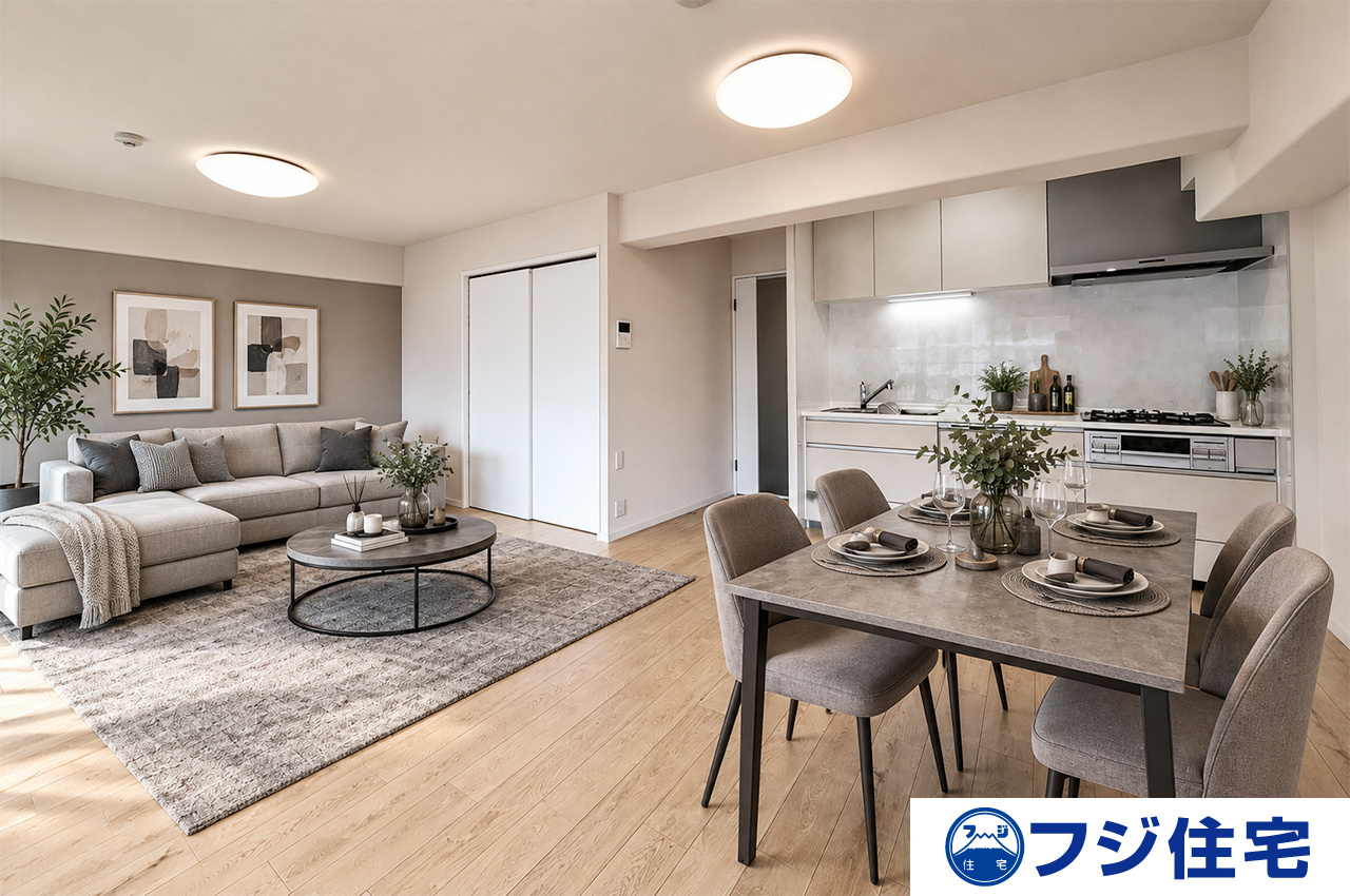 岸和田コーポラス弐号棟の居間・リビング|※バーチャルステージング画像（AI合成）です。合成された家具等は販売価格に含まれません。
