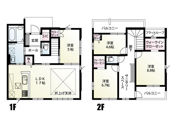 17帖のゆとりあるLDKを中心に、快適なサニタリースペースを備えた住まい。各所に収納を豊富に設け、日用品や衣類などをすっきり整理できます。暮らしやすさと収納力を兼ね備えた、機能的で快適な住空間です。