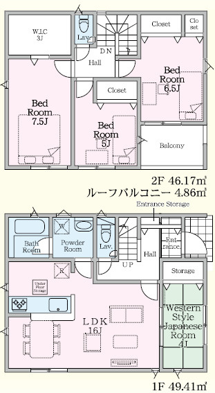 宇都宮市上戸祭町の新築一戸建の間取り|■建坪28.91坪　敷地50.52坪　全居室南向き　WIC　ルーフバルコニー■