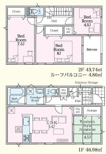 宇都宮市上戸祭町の新築一戸建の間取り|■建坪27.44坪　敷地46.06坪　全居室南向き　主寝室８帖　ルーフバルコニー■