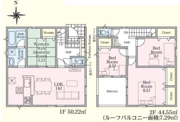 塩谷郡高根沢町大字宝積寺の新築一戸建の間取り|■建坪28.66坪　敷地51.48坪　廊下収納　ルーフバルコニー　主寝室８．５帖■