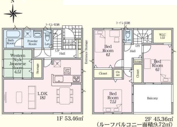 塩谷郡高根沢町大字宝積寺の新築一戸建の間取り|■建坪29.89坪　敷地63.42坪　廊下収納　ルーフバルコニー　２階全部屋６帖以上■