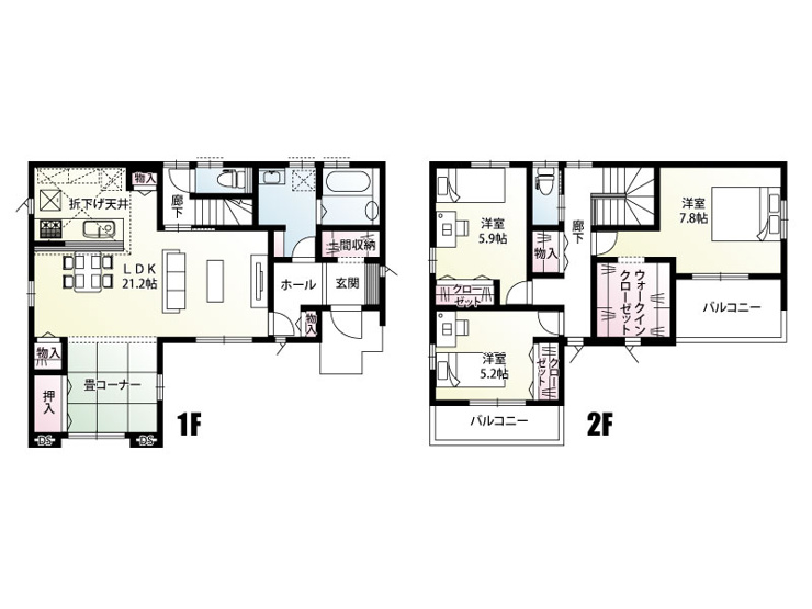 【坂戸市鎌倉町2号棟 間取図】広いリビング・土間収納・WICがついたお家。家事がしやすいように考えられた間取りになっていますので毎日快適に暮らせます。