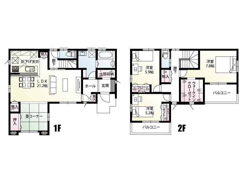 【坂戸市鎌倉町2号棟 間取図】広いリビング・土間収納・WICがついたお家。家事がしやすいように考えられた間取りになっていますので毎日快適に暮らせます。