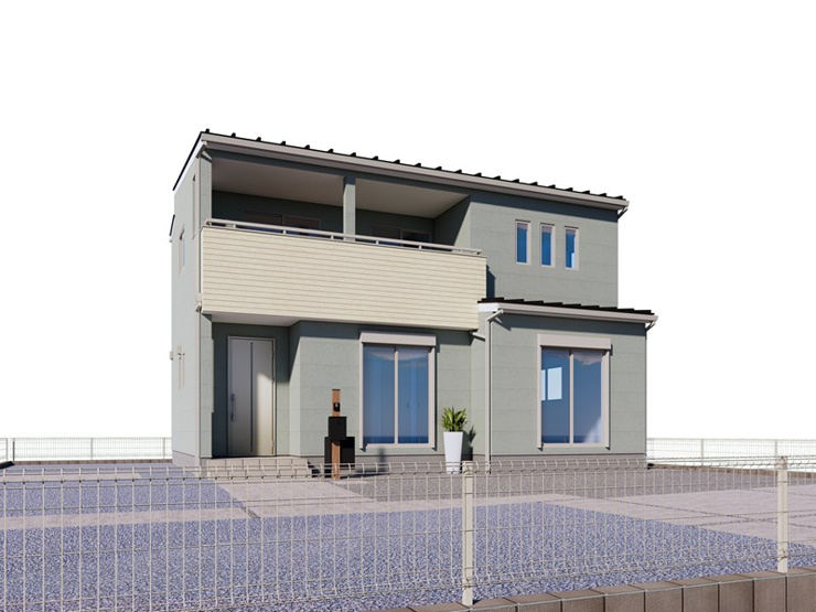 【館林市大街道2丁目全1区画　外観完成イメージ】　
優しい色合いのグレーとワンポイントでホワイトを使用した温かみのある外観です。