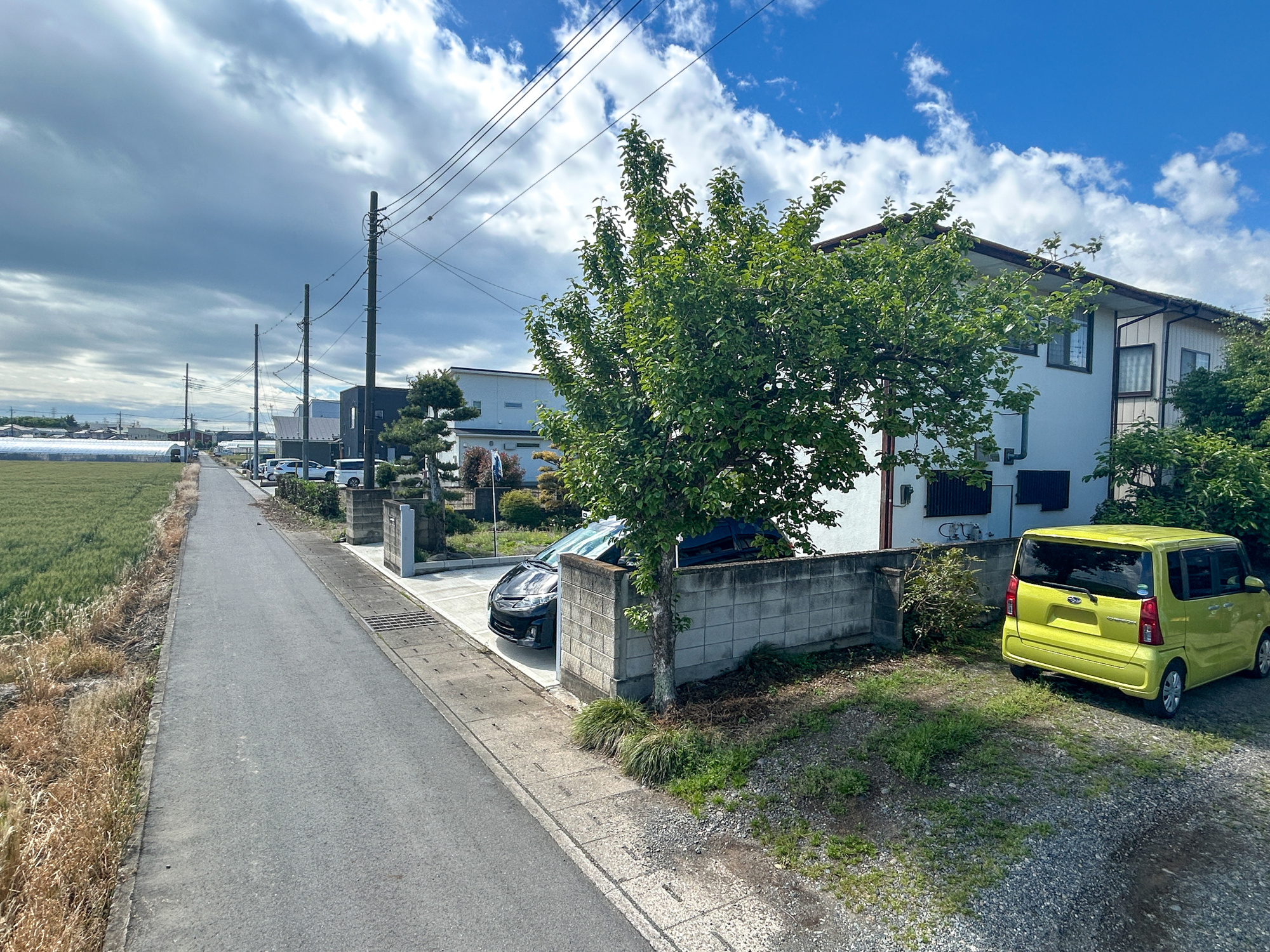 伊勢崎市馬見塚1期　中古物件の前面道路含む現地写真|閑静な住宅地で子育て家族にピッタリ。毎日のお散歩も快適な緑に恵まれたエリアで、自然に包まれた穏やかな暮らしを実現するための、ゆとりある住環境が整っています。

