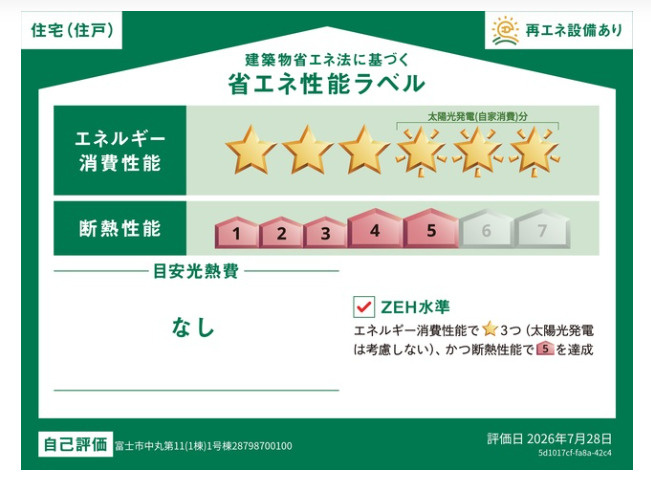 クレイドルガーデン　富士市中丸第11　全1棟の省エネ性能ラベル|●省エネラベル●本ラベルは特定の住戸の性能を示すものであり、全ての住戸の性能を示すものではありません。