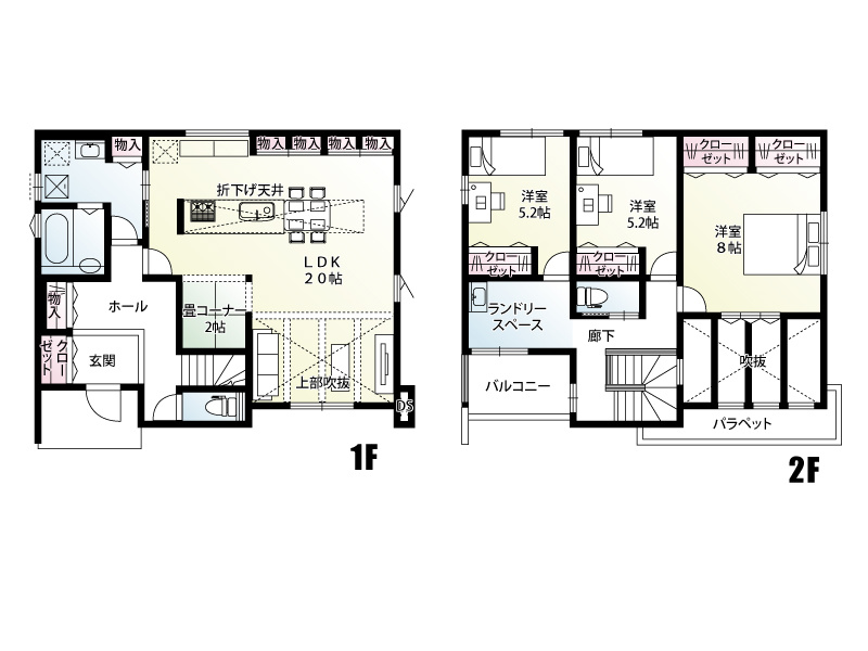 4号棟　建物面積113.86㎡（34.44坪）フルフラットキッチンを採用した3LDK間取りプランです♪2階廊下にはランドリースペースを設置！空間デザインと実用性を両方兼ね備えた間取です♪