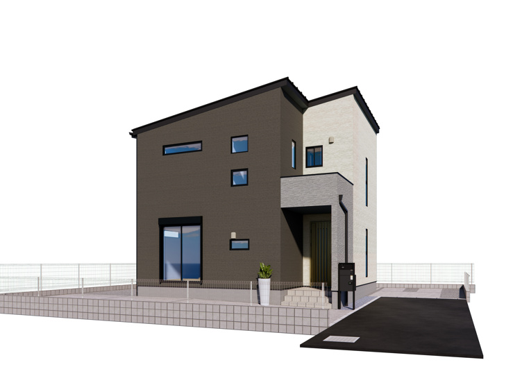 【６号棟　完成予想図】
ブラウン×ホワイトの2色使いで飽きのこない落ち着きのある外観にしました。