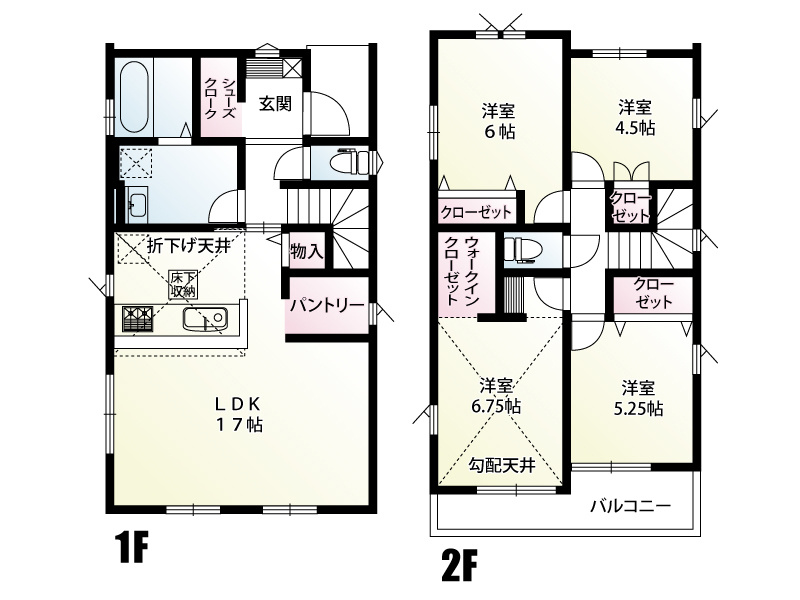 【1号棟　間取図】2階主寝室は勾配天井になっており、開放感あふれる心地よい空間。大容量のウォークインクローゼットをはじめ、全居室にクローゼットを完備しているため、家族みんなの荷物が綺麗に片付きます。