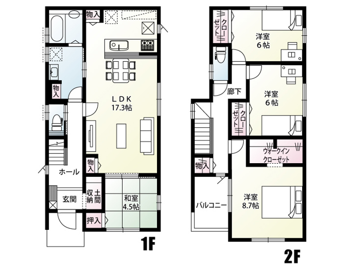 南羽生3丁目（全5区画）2号棟　間取り :LDKに隣接して4.5帖の和室があり、客間や小さなお子様の遊び場、リラックススペースとして多目的に活用できます。押入も完備されています。