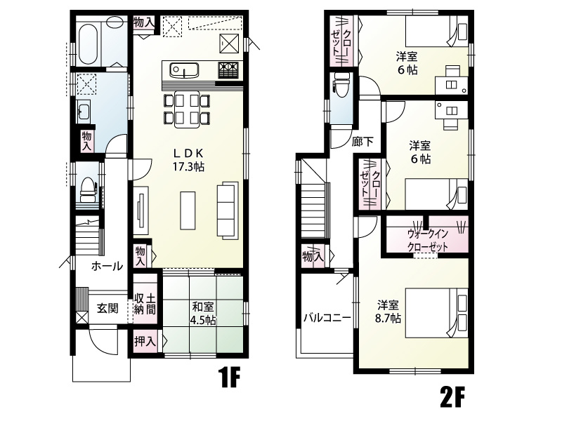 南羽生3丁目（全5区画）2号棟　間取り :LDKに隣接して4.5帖の和室があり、客間や小さなお子様の遊び場、リラックススペースとして多目的に活用できます。押入も完備されています。