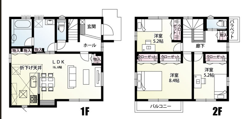 上尾市大字平方　号6棟　玄関から洗面室へ、LDKから洗面室へと出入りできるので帰宅後の手洗い、家事の合間の洗面室への行き来に便利な間取り！