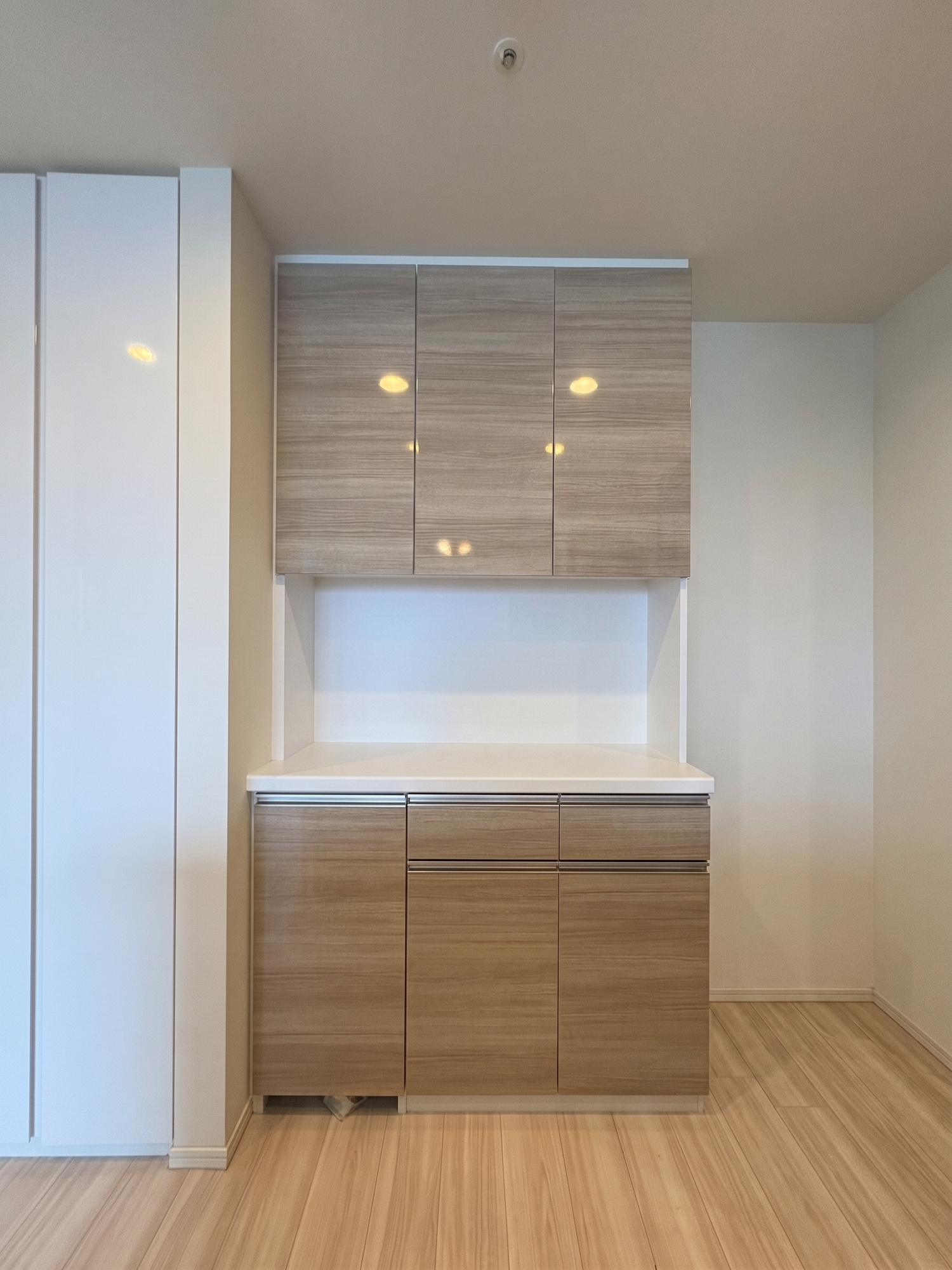 シティタワーズ東京ベイ WEST TOWERのキッチン|キッチン後方にはカップボードとパントリーが完備され、収納力も豊富です。※CG加工を施しております。
実際の色調や仕様は異なります。家具家電等は販売に含まれておりません。