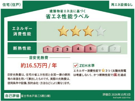 富士市水戸島二丁目5期　全1棟の省エネ性能ラベル|冷暖房等の年間の消費エネルギーを高断熱＋省エネによって20％以上削減できていることが証明されたラベルです！