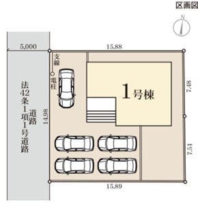 宇都宮市西川田南１丁目の新築一戸建の区画図|敷地面積７２坪！駐車は最大５台可能で、急な来客があっても安心です♪