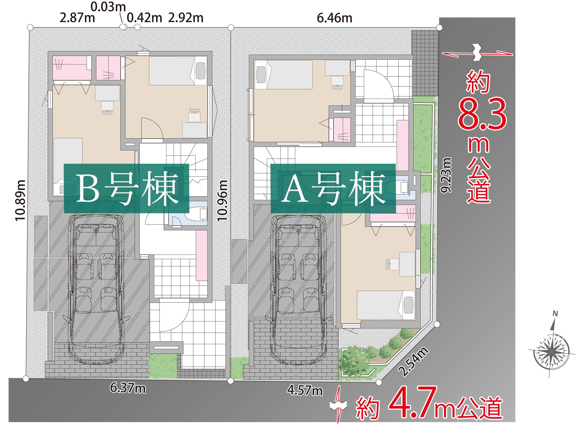 新築分譲［ミラクラス緑が丘］の区画図|駅徒歩２分でありながら、静穏な第1種文教地区内。南側幅員4.7m公道に面した整形地に佇む、新築２邸。自由が丘駅も日常遣いしやすい徒歩16分です。