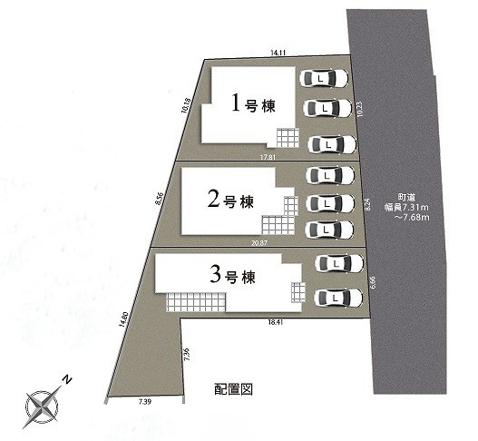 函南町仁田3期　全3棟の区画図|1.2号棟3台、3号棟2台駐車可能！