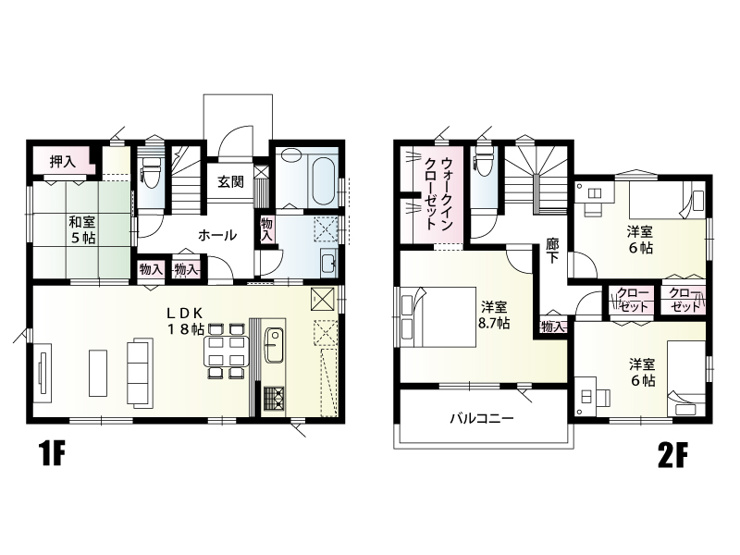 2号棟　建物面積110.96㎡（33.56坪）18畳超の広々LDKと和室を備えた1階に、ウォークインクローゼットなど豊富な収納・設備を揃えた2階を持つ、利便性の高い4LDKの間取りです。