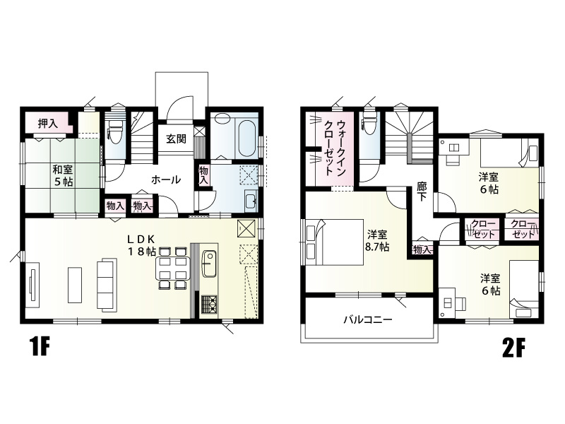 2号棟　建物面積110.96㎡（33.56坪）18畳超の広々LDKと和室を備えた1階に、ウォークインクローゼットなど豊富な収納・設備を揃えた2階を持つ、利便性の高い4LDKの間取りです。