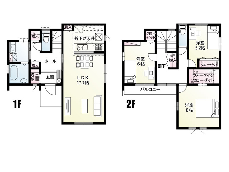 久喜市葛梅（全2区画）1号棟　間取図　バルコニーには居室を通らずに出入りできますので、気兼ねなくお洗濯物を干すことができ、行き来もスムーズです。