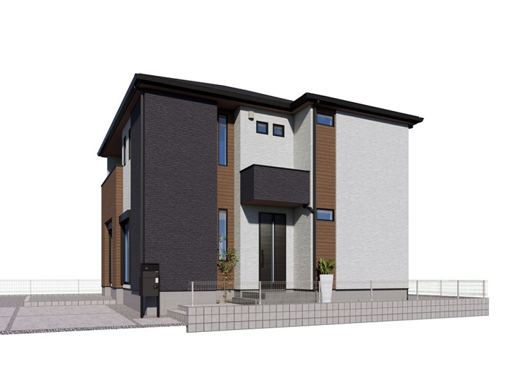 【東松山市松山町3丁目5期3号棟 完成イメージ】落ち着いたカラーとモダンなデザインが魅力。パラペットがアクセントになっており、シンプルながらもお洒落な印象を与える外観です。