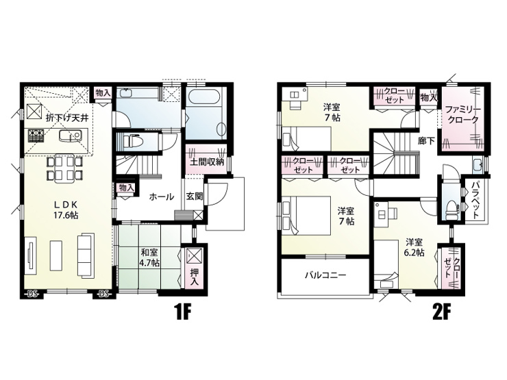 【東松山市松山町3丁目5期3号棟 間取り図】ファミリークロークやパントリーはもちろん、収納は各居室に完備しておりますのでお部屋がすっきり片付きます。