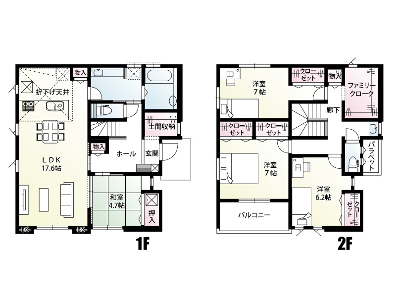 【東松山市松山町3丁目5期3号棟 間取り図】ファミリークロークやパントリーはもちろん、収納は各居室に完備しておりますのでお部屋がすっきり片付きます。