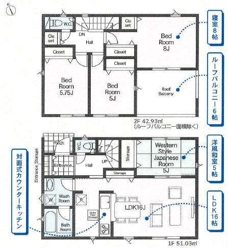 佐野市出流原町の新築一戸建の間取り|◇土地156.49坪　建物28.42坪　ルーフバルコニー　主寝室8帖　全居室収納　LDＫ収納◇