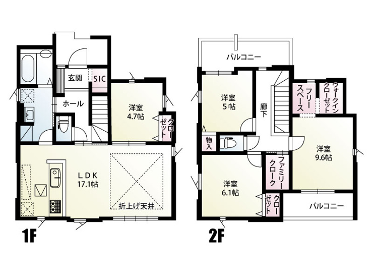 17.1帖のゆとりあるLDKを中心とした4LDKの住まい。1階には4.7帖の洋室を配置し、客間や居室など多目的に活用できます。さらに収納スペースも豊富に確保し、住空間をすっきり！