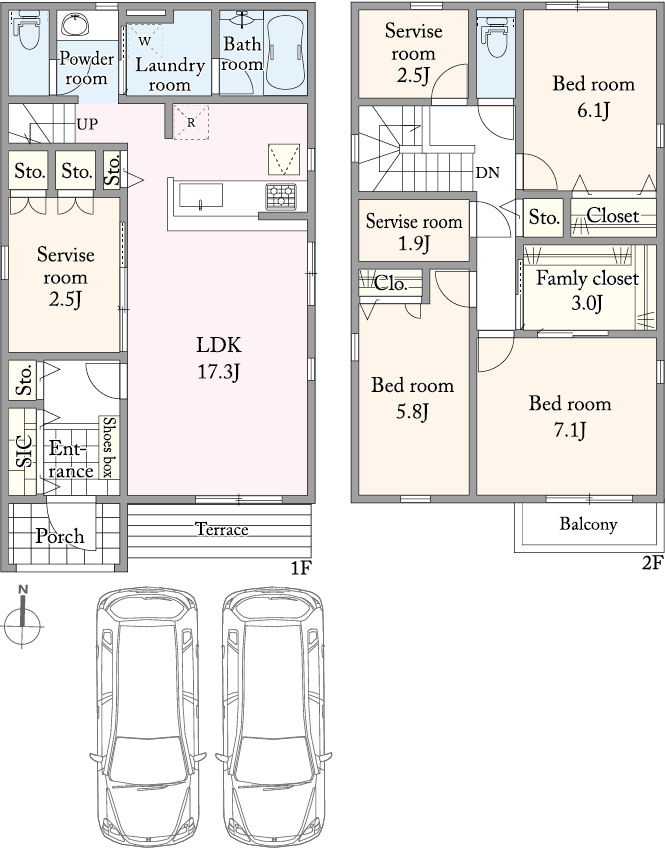 宅地分譲［国立市中３丁目］の完成予想図|■建物プラン例（間取図）　建物面積：114.60m2（34.66坪）、建物価格：4621万円 ※別途、外構工事費・付帯工事費・諸費用等が必要となります　※当該プランの採用および変更は自由に可能です