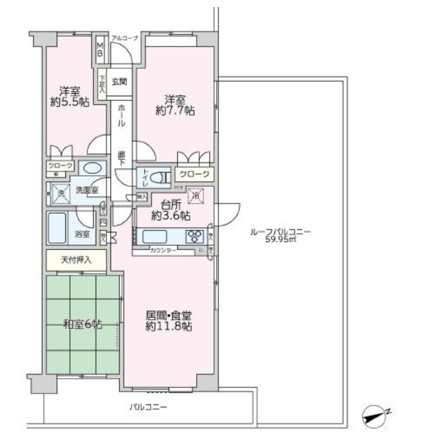 ステージ山手台サウス二番館【仲介手数料無料】ルーフバルコニーの間取り