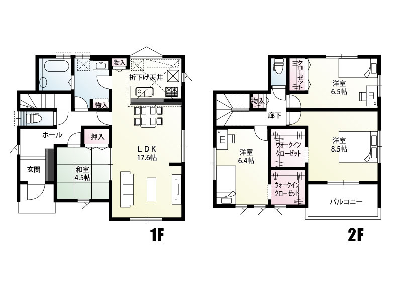 17.6帖のゆとりあるLDKに4.5帖の和室が隣接した開放的な4LDKプラン。家族でくつろげる広々空間に加え、各所に収納を豊富に確保し、すっきりとした暮らしを実現できる住まいです。