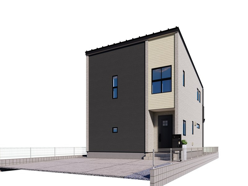 【坂戸市片柳1号棟 完成イメージ】モダンなデザインながらもナチュラルなやさしい色合いでまとめたことで、あたたかみのあるお洒落な印象の外観に仕上げました。