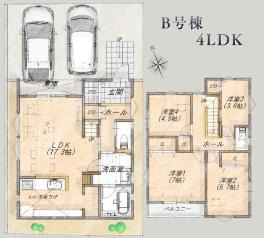 横浜市旭区都岡町 新築戸建て【仲介手数料無料】カースペース2台の間取り