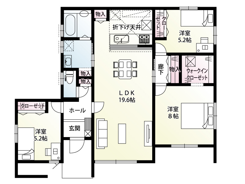 19.6帖のゆとりあるLDKを中心に、8帖、5.2帖×2の居室を備えた使い勝手の良い平屋プラン♪各居室にしっかり収納を確保し、暮らしやすさとスッキリ空間を両立。敷地内には駐車3台可能♪