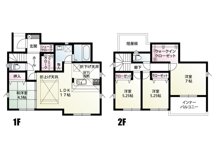 西5期　新築戸建　全1棟:LDK（17帖）: キッチンは対面式または独立感のあるレイアウトで、天井の一部が折上げ天井になっており、空間に立体感と開放感を演出しています。また、床下収納も備わっています
