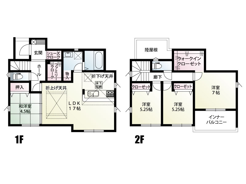 西5期　新築戸建　全1棟:LDK（17帖）: キッチンは対面式または独立感のあるレイアウトで、天井の一部が折上げ天井になっており、空間に立体感と開放感を演出しています。また、床下収納も備わっています

