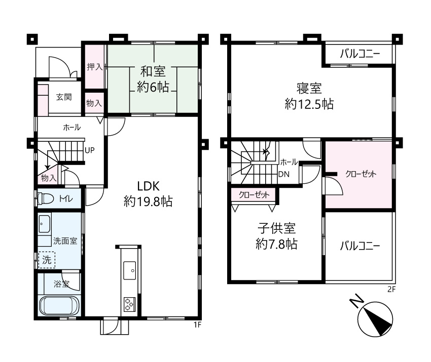 柏市小青田4丁目戸建の間取り|１階LDK１９．８帖、和室６．０帖、２階洋室１２．５帖、洋室７．８帖、WIC、南西向きバルコニー、駐車２台