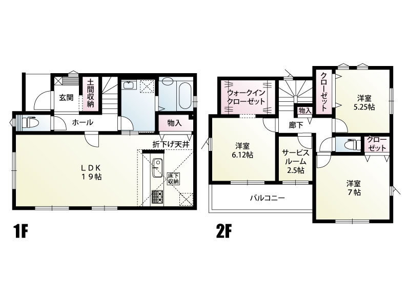 【6号棟　間取図】家族が集まる約19帖の広々LDKと、使い勝手の良い3LDK+Sの間取り。2階には独立性の高い3つの洋室とサービスルームを配置し、プライベートな時間や在宅ワークも快適にこなせます。