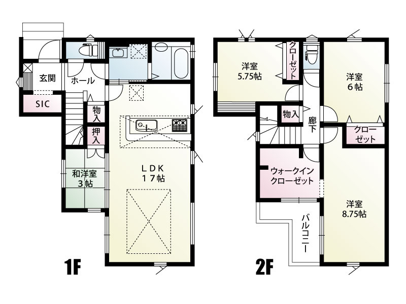 【7号棟　間取り】17帖の広々LDKと充実の収納が魅力の4LDKです。玄関のSICや2階の大容量WICで室内はいつもすっきり。1階の3帖の和室は、お子様のお昼寝や客間などマルチに活躍します。