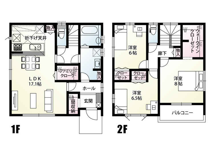 【２号棟　間取図】リビングを通らず洗面室に入ることが出来る「ただいま動線」。砂場で遊んできたお子様も、帰ってきてすぐお風呂場への直行が可能！