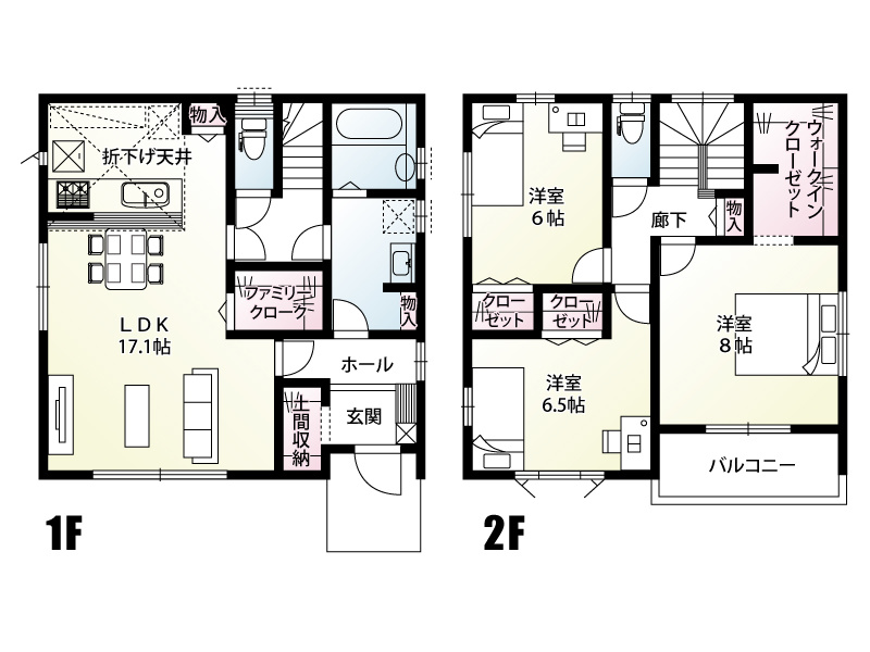 【２号棟　間取図】リビングを通らず洗面室に入ることが出来る「ただいま動線」。砂場で遊んできたお子様も、帰ってきてすぐお風呂場への直行が可能！