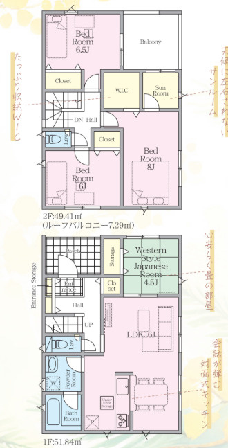 那須塩原市豊浦南町の新築一戸建の間取り|■建坪30.62坪　敷地68.3坪　ワイドルーフバルコニー　WIC　サンルーム　全洋室６帖以上■