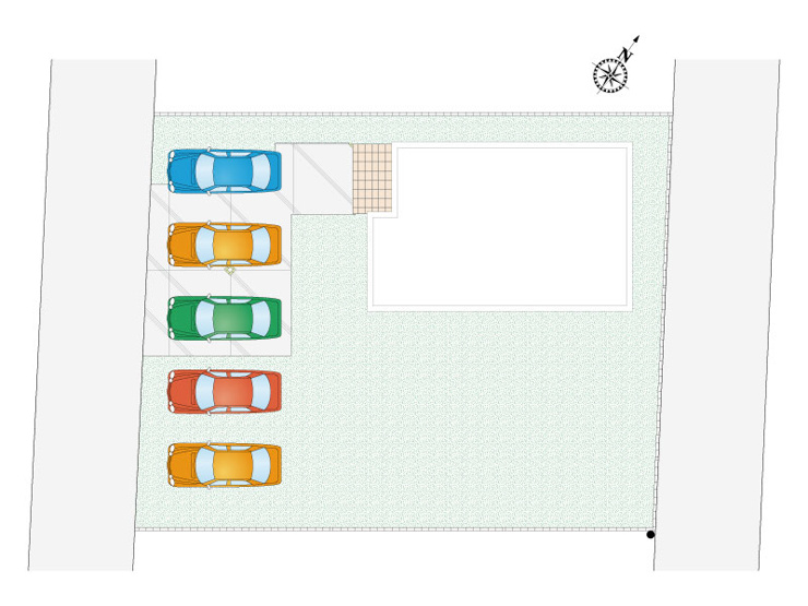【区画図】並列5～6台駐車可能。広い庭は、家庭菜園や、お子さまの遊び場としても活用できますね♪
