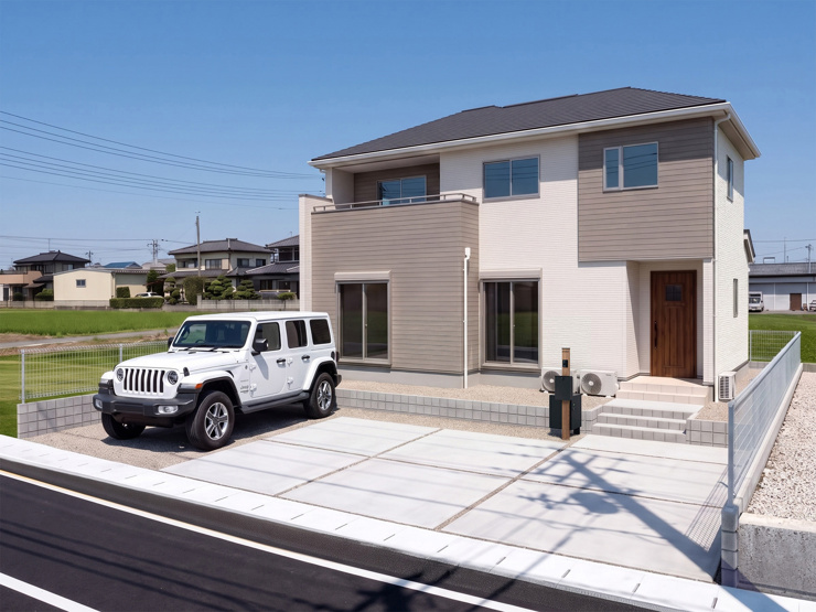 【館林市上三林町全1区画　外観完成イメージ】　
優しい色合いの2色を南側に貼り分けた外観です。他3方向は白系の1色のみで見る角度によって印象が違います※現地写真に完成イメージ画像を合成したものです