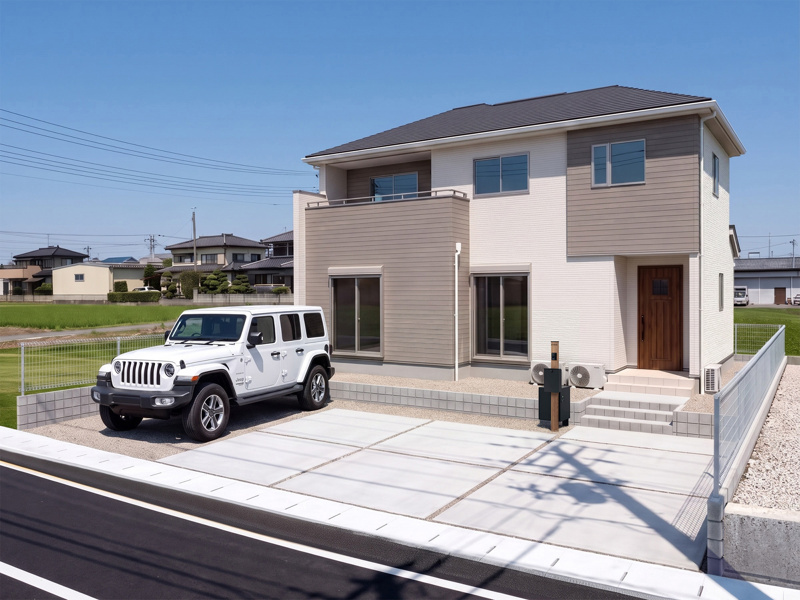 【館林市上三林町全1区画　外観完成イメージ】　
優しい色合いの2色を南側に貼り分けた外観です。他3方向は白系の1色のみで見る角度によって印象が違います※現地写真に完成イメージ画像を合成したものです